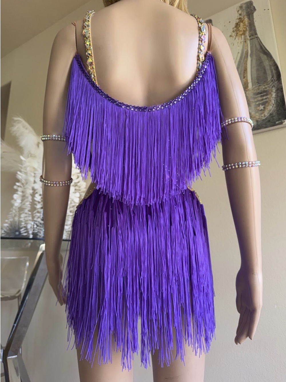 Purple Fringe & Gold Rhinestones Sequin Latin Dance Dress - Picture 10 of 10